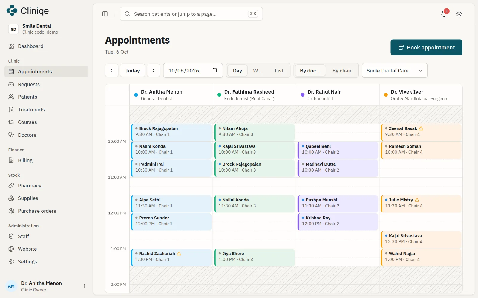 A day of appointments in columns per doctor, each with its time and chair.